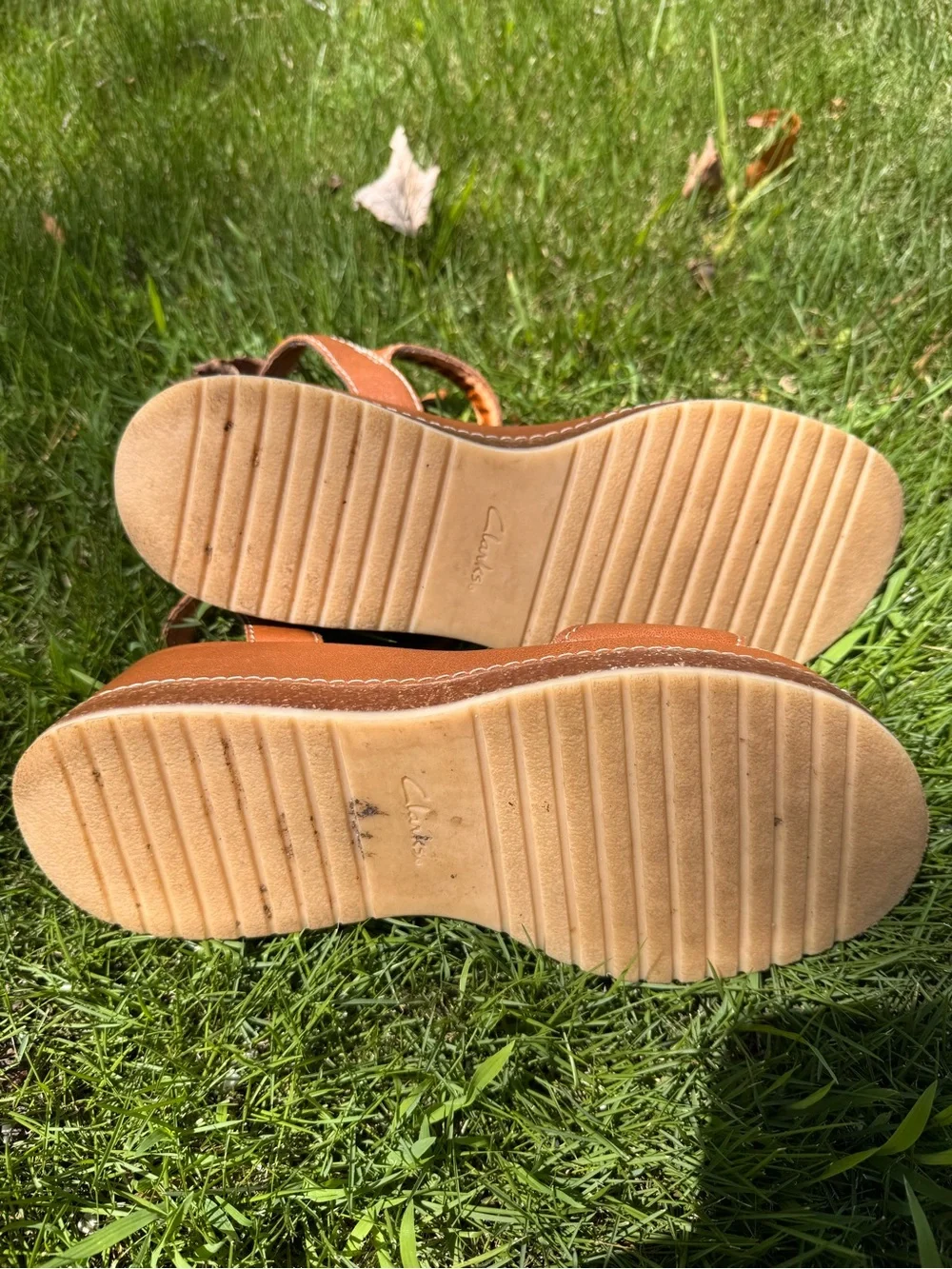 Clarks Kassanda Lily Tan Leather Platform Wedge Sandals W/ Ankle Strap 9W